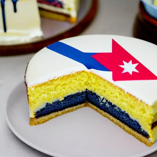 Prompt: slice of birthday cake with the pattern of the australian flag on the side