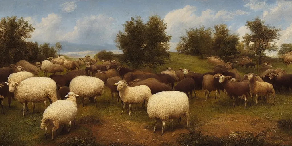 Image similar to artwork by eugene von guerard, max bedulenko, maria fortuny, a herd of sheep