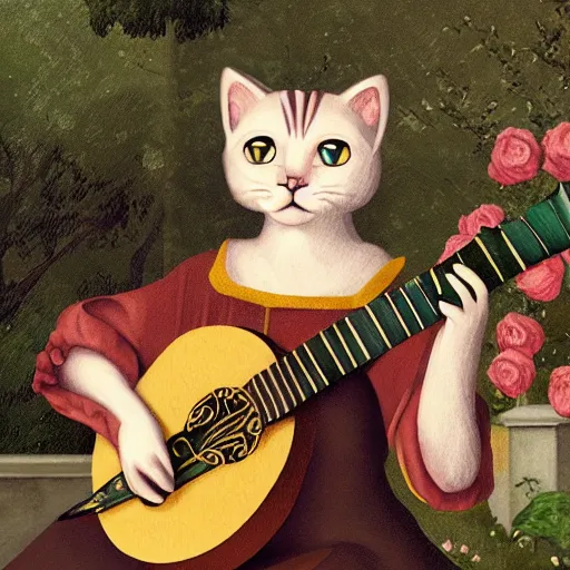 Prompt: cat with lute, sitting in the rose garden, medieval portrait, low poly, concept art, close up