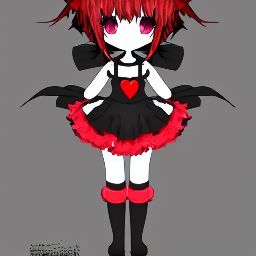 Image similar to cute fumo plush of a void imp who crawled out a hole in reality, anime girl, black and red, green ribbon and heart, ruffled and tattered dress, symmetry, gothic, melting crayons, glow, vray