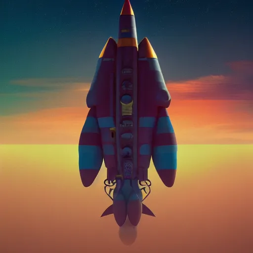 Prompt: multicolor 3 d render of a surreal rocket ship flying in the sky by stalenhag created at future in 4 k ultra high resolution, with inspiring feeling