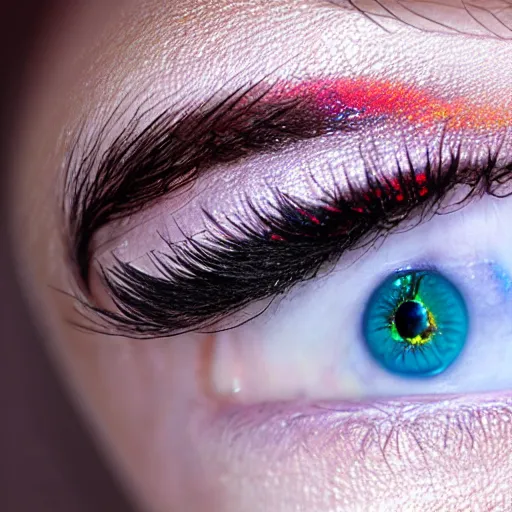 Image similar to (((((((( film still of a human eye in rainbow rue : realistic skin, realistic eye lashes : 8K UHD !!!!!!