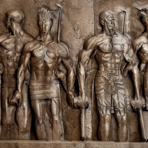 Image similar to bas relief of jeff bezos surrounded by ancient tall female warriors with spears, photorealistic, detailed
