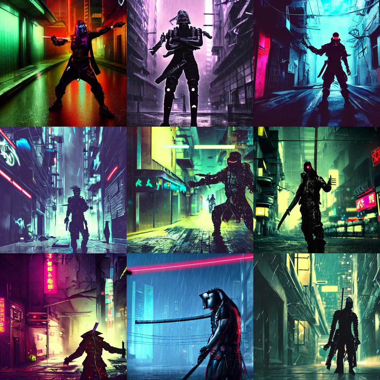 Prompt: a cyberpunk cyborg killer ninja with a glowing katana, hero pose, threatening, dark neon alley in the background, rain is falling, dystopian, screenshot from a dark future anime movie, digital artwork trending on artstation, 4 k