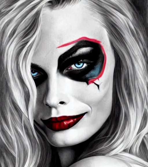 Image similar to tattoo design sketch of beautiful margot robbie portrait with joker makeup, in the style of den yakovlev, realistic face, black and white, realism tattoo, hyper realistic, highly detailed