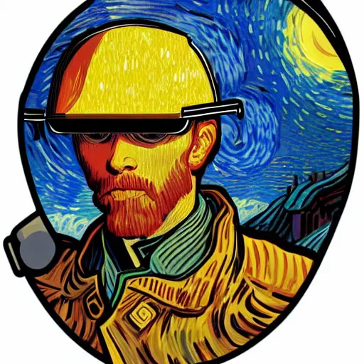 Image similar to Illustrated by Shepard Fairey and H.R. Geiger | Cyberpunk VAn Gogh with VR helmet, surrounded by cables