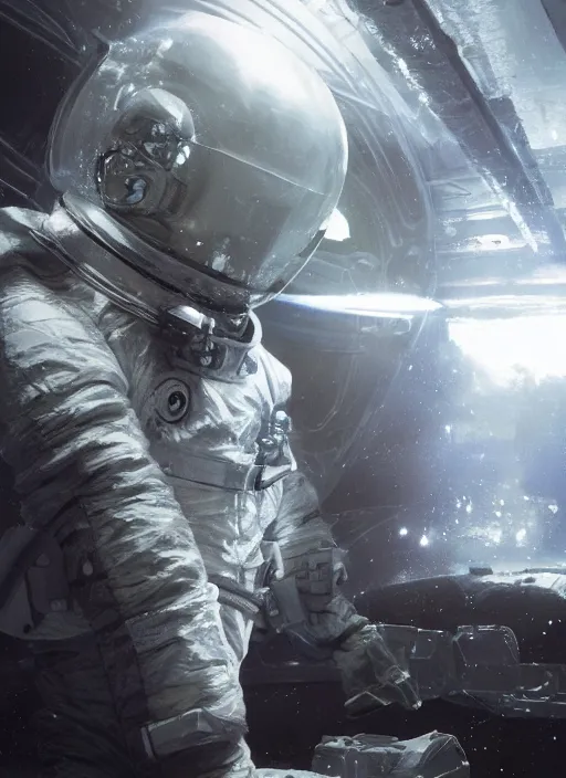 Image similar to concept art by craig mullins infrared complex and hyperdetailed technical astronaut suit in futuristic dark and empty spaceship underwater. reflection and dispersion materials. rays and dispersion of light. volumetric light. 5 0 mm, f / 3 2. noise film photo. flash photography. unreal engine 4, octane render. interstellar movie art