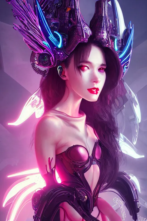 Image similar to portrait futuristic Devil Girl with horns and wings, in future cyberpunk tokyo rooftop , ssci-fi, fantasy, intricate, very very beautiful, elegant, human anatomy, neon light, highly detailed, digital painting, artstation, concept art, smooth, sharp focus, illustration, art by tian zi and WLOP and alphonse mucha