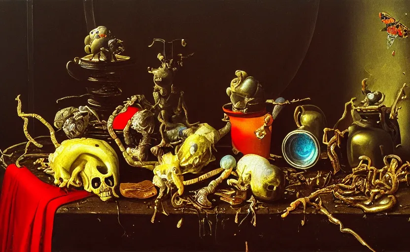 Image similar to disturbing colorful oil painting dutch golden age vanitas still life with bizarre objects strange gooey surfaces shiny metal bizarre insects rachel ruysch dali todd schorr very detailed perfect composition rule of thirds masterpiece canon 5 0 mm, cinematic lighting, photography, retro, film, kodachrome