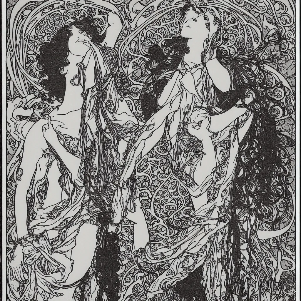 Image similar to a monochromatic art nouveau, engraving by Mucha, engraving by Beardsley