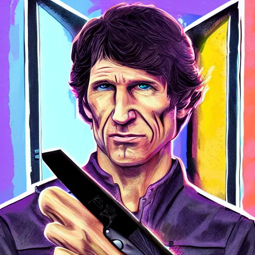 Prompt: todd howard with a switchblade in a alleyway, forcing you to buy skyrim, threatening, sharp, colorful, digital art, neon, bright, realism, bold