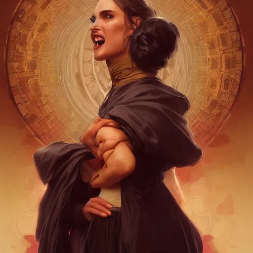 Image similar to anger hell evil smile, natalie portman and whoopie goldberg, intricate, elegant, highly detailed, digital painting, artstation, concept art, smooth, sharp focus, illustration, art by artgerm and greg rutkowski and alphonse mucha and william - adolphe bouguereau