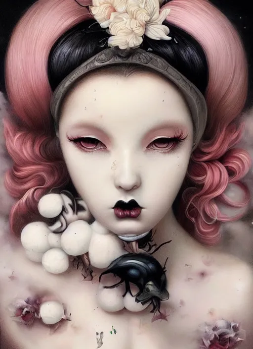 Image similar to pop surrealism, lowbrow art, realistic cute seductive girl painting, japanese street fashion, hyper realism, muted colours, rococo, natalie shau, loreta lux, tom bagshaw, mark ryden, trevor brown style,