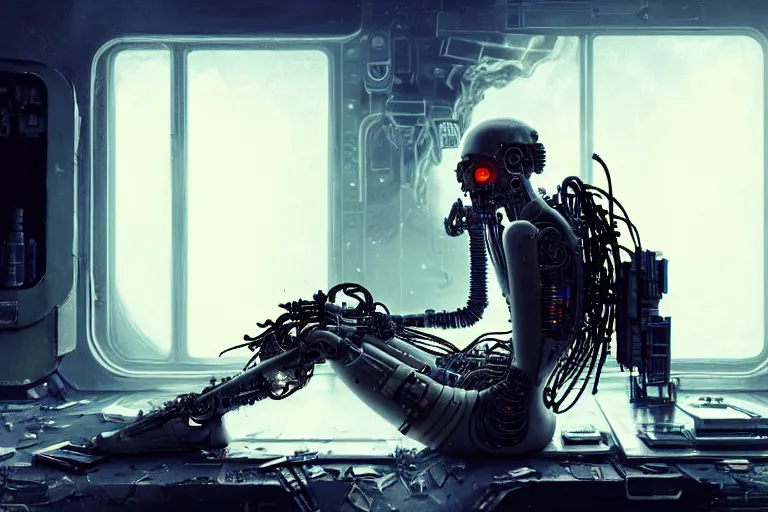 Image similar to Ultra realistic illustration, beautiful alluring damaged cyborg sitting on the floor of a destroyed spaceship, smoking a cigarette while being put back together in an super advanced military medical bay, cyberpunk, sci-fi, fantasy, sparks, small flames, smoke, intricate, elegant, highly detailed, digital painting, artstation, concept art, smooth, sharp focus, illustration, gorgeous cinematic lighting, art by artgerm and greg rutkowski and alphonse mucha