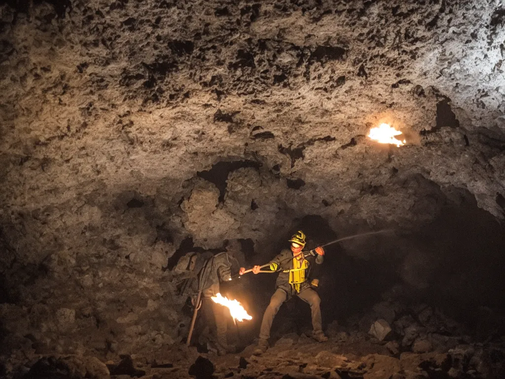 Image similar to one man with torch bringing fire into cave in darkness