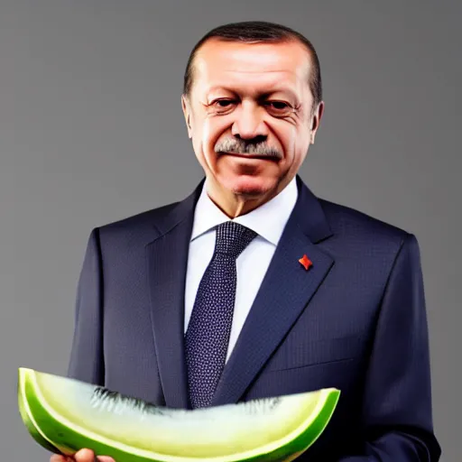 Image similar to recep tayyip erdogan smiling holding watermelon, studio photograph, hd, studio