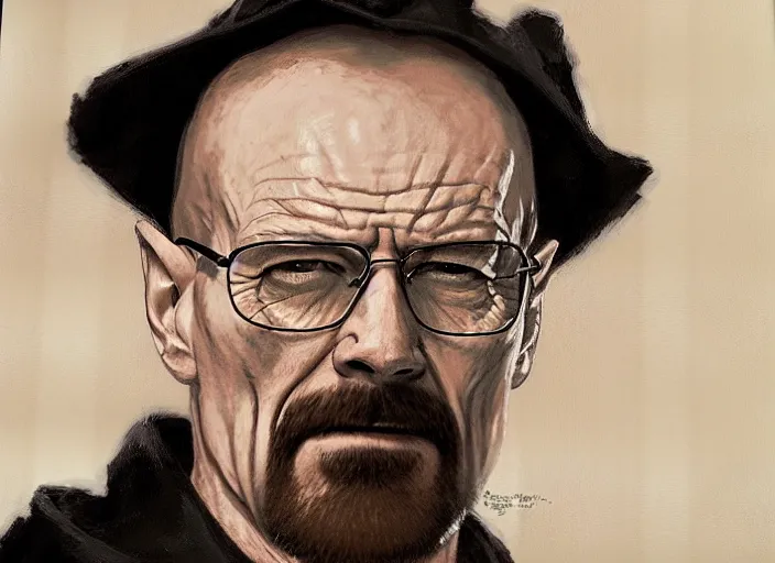 Image similar to a highly detailed beautiful portrait of walter white wearing a vampire costume, by gregory manchess, james gurney, james jean