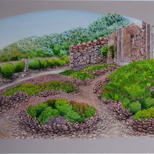 Image similar to delicate stone walls coastline garden on paper, spirals, stony, floating, puffy, vines, botanical herbarium, botanic watercolors, iridescent, 8 k wide angle, realistic shaded, fine details, artstation, italian, rainbow, colonnade, oak, pinecone, pomegranade, vines, gardena architecture, pompeian, sicilian