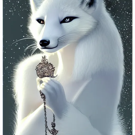 Prompt: a regal character design of a feminine anthropomorphic arctic fox wearing a white dress and necklace, character art, whimsical, concept art, pretty princess, wlop, artstation, highly detailed digital art. Airbrushed anthro arctic fox female in a dress