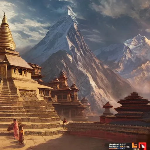 Prompt: painting nepal in year 2 0 7 7 with flying car and temple, ultra realistic, concept art, intricate details, eerie, highly detailed, photorealistic, octane render, 8 k, unreal engine. art by artgerm and greg rutkowski and alphonse mucha