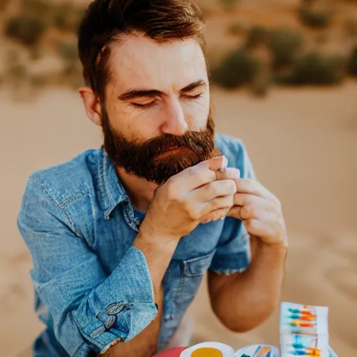 Image similar to portrait of a man in cameo sitting in the desert eating some delicious crayons, beautiful composition, 5 0 mm f 1. 8, ambient light