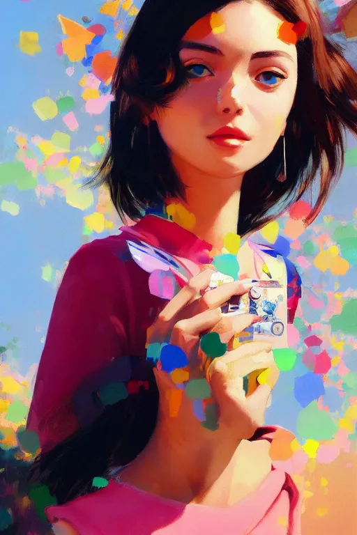 Image similar to A ultradetailed beautiful panting of a stylish woman looking at the camera, she has colorful stickers on her face, bright sunny day, Oil painting, by Ilya Kuvshinov, Greg Rutkowski and Makoto Shinkai