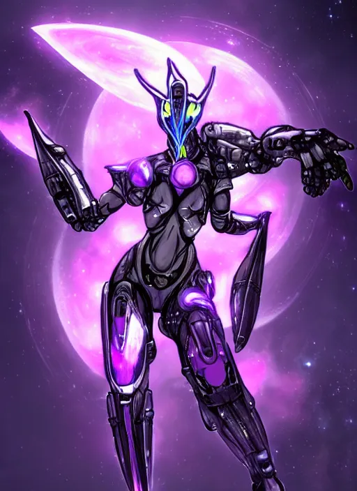 Image similar to detailed cinematic shot, cosmic sized perfectly proportioned stunning beautiful hot female warframe, detailed cyborg mecha female dragon head, metal ears purple eyes, silver armor, fuschia leds, floating in empty space, nebula sized, holding a planet, epic proportions, epic size, epic scale, furry art, dragon art, giantess art, warframe fanart, furaffinity, deviantart