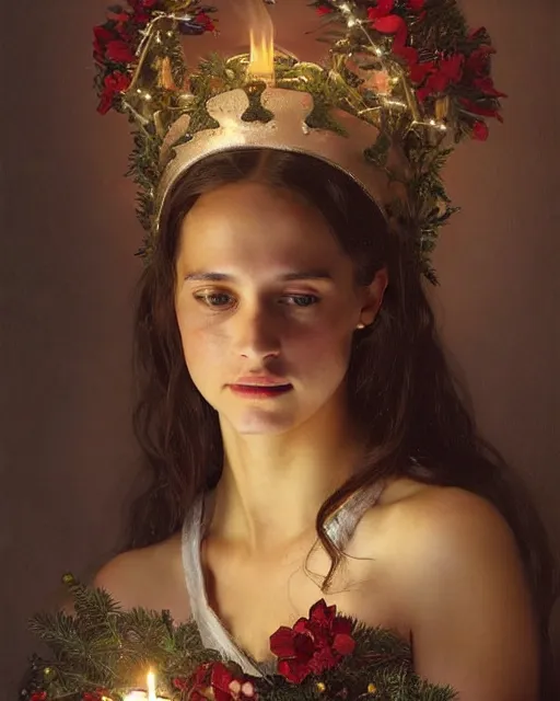 Image similar to a shadowy portrait painting of a shy 1 6 - year old alicia vikander as santa lucia at christmas wearing a holly wreath as a crown with candles, lit only by candlelight in the darkness, intricate, elegant, highly detailed, artstation, concept art, by krenz cushart and donato giancola and william adolph bouguereau and alphonse mucha