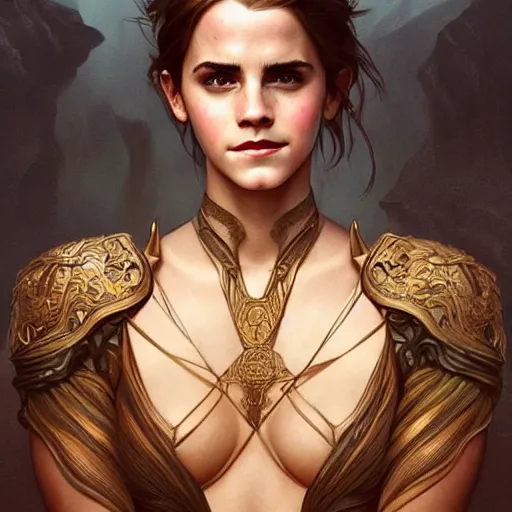 Image similar to portrait of emma watson, muscular, upper body,big chest, amazon warrior, fantasy, intricate, elegant, highly detailed, digital painting, artstation, concept art, matte, sharp focus, illustration, art by Artgerm and Greg Rutkowski and Alphonse Mucha