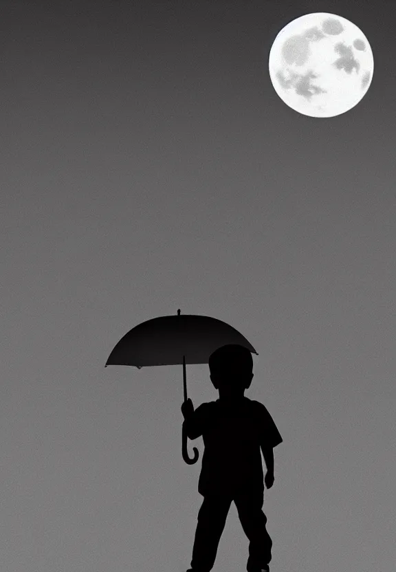 Prompt: little boy standing, holding umbrella in front of playground, at night, full moon, minimalist, black and white artwork, anime style