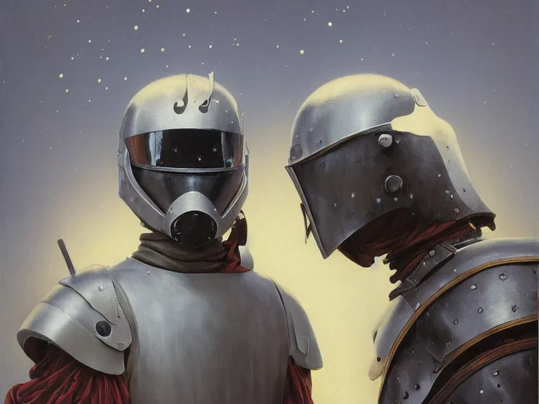 Prompt: a detailed profile painting of a bounty hunter in polished armour and visor. Fencing mask and cape. cinematic sci-fi poster. Cloth and metal. Welding, fire, flames, samurai Flight suit, accurate anatomy portrait symmetrical and science fiction theme with lightning, aurora lighting clouds and stars. Clean and minimal design by beksinski carl spitzweg giger and tuomas korpi. baroque elements. baroque element. intricate artwork by caravaggio. Oil painting. Trending on artstation. 8k