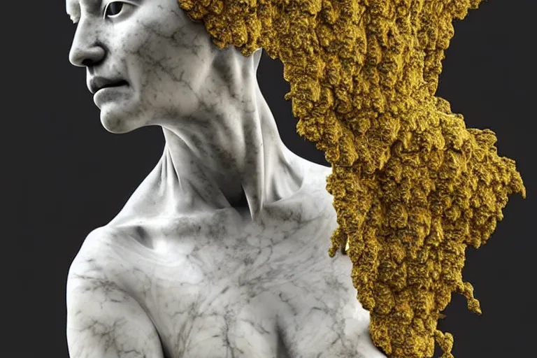 Image similar to a sculpture of a person with flowing golden tears, fractal plants and fractal flowers on the skin, a marble sculpture by nicola samori, behance, neo - expressionism, marble sculpture, apocalypse art, made of mist, octan render