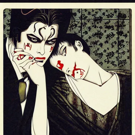 Image similar to symmetrical alain delon as a vampire, style of takato yamamoto