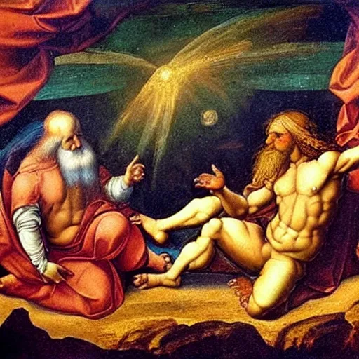 Image similar to Oil painting of the creation of the universe in the style of Leonardo da Vinci