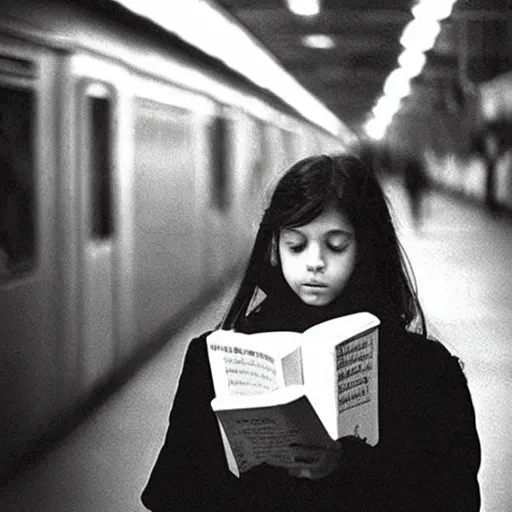 Image similar to “ girl reading a book in the new york city subway, detailed faces, photograph by henri cartier - bresson ”