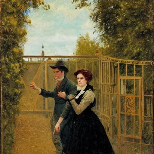 Image similar to young victorian man and woman adventuring in a maze, painted by alfred stevens