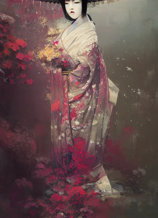 Image similar to female geisha girl, beautiful face, colourful, rule of thirds, intricate outfit, spotlight, by greg rutkowski, by jeremy mann, digital painting