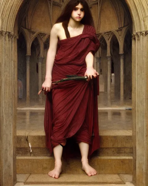 Image similar to a realistic portrait of a teenage girl who looks like Uma Thurmond and Winona Ryder with an anxious expression and slightly open mouth, wearing ragged torn clothing, inside a cathedral lit with god rays, by William-Adolphe Bouguereau, John William Waterhouse, Frederic Leighton, Alphonse Mucha, Edward Burne Jones