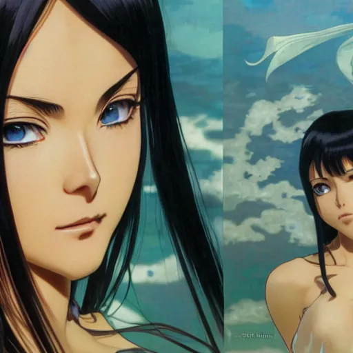 Prompt: highly detailed vfx portrait of nico robin by eiichiro oda!, makoto shinkai, alphonse mucha, sharp focus, art by artgerm and greg rutkowski!, harsh overhead sunlight, blue eyes!!, large aquiline nose!!, perfect face, stanley kubrick, kaoru mori, intricately detailed, behance, 4 k, hdr