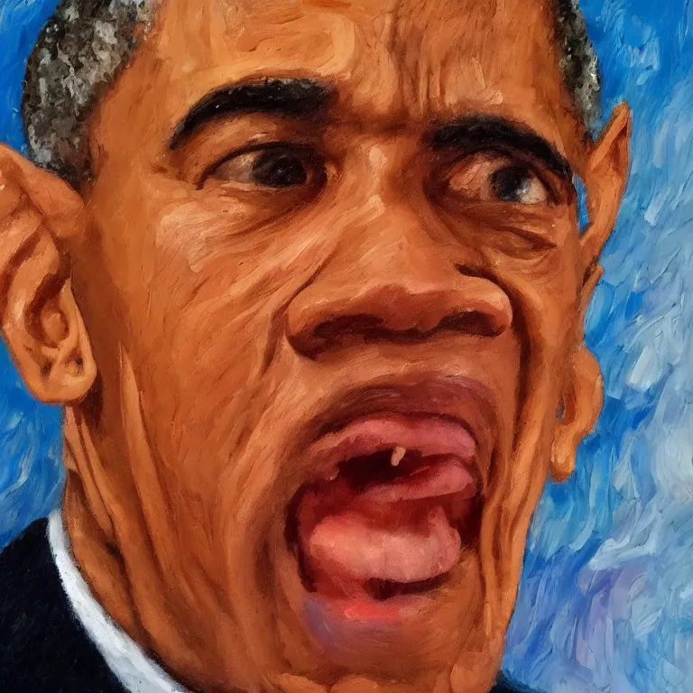Image similar to warmly lit close up studio portrait of very old Barack Obama age 115 angrily singing, impasto oil painting thick brushstrokes by Cy Twombly and Elaine De Kooning , trending on artstation dramatic lighting Expressionism