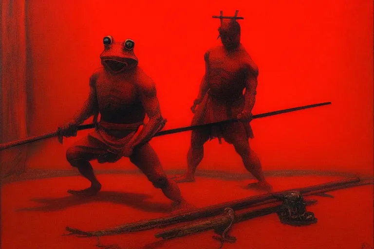 Image similar to only with red, a red samurai do seppuku, tokio, a lot of frogs watch, in the style of beksinski, parts by edward hopper, parts by rodcenko, parts by yue minjun, intricate and epic composition, red by caravaggio, insanely quality, highly detailed, masterpiece, red light, artstation, 4 k