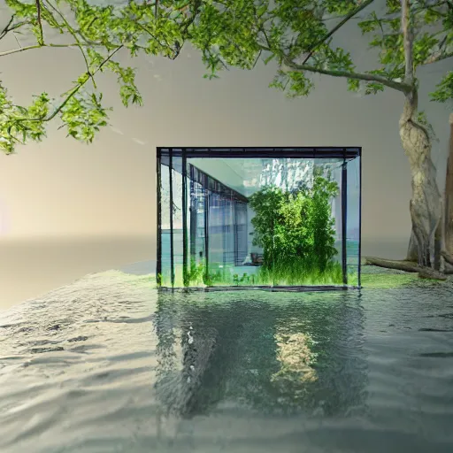 Prompt: house made out of glass, transluscent, photorealistic, water, misty