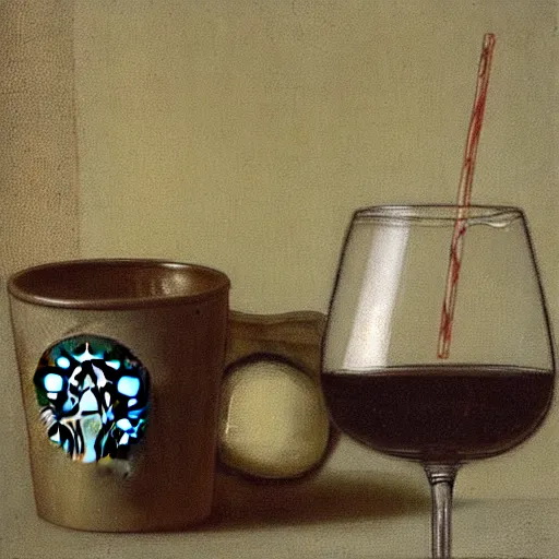 Prompt: still life of starbucks cup with a glass of wine by rembrandt