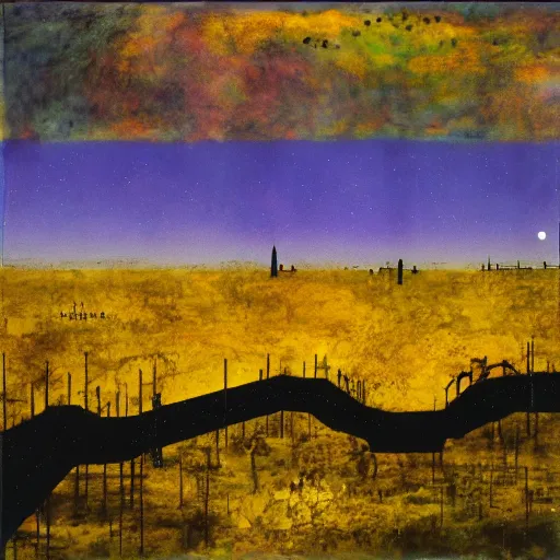 Image similar to goldenrod by sidney nolan weary. a mixed mediart of a group of flying islands, each with its own unique landscape, floating in the night sky. the islands are connected by a network of bridges. a small group of people can be seen walking along one of the bridges.