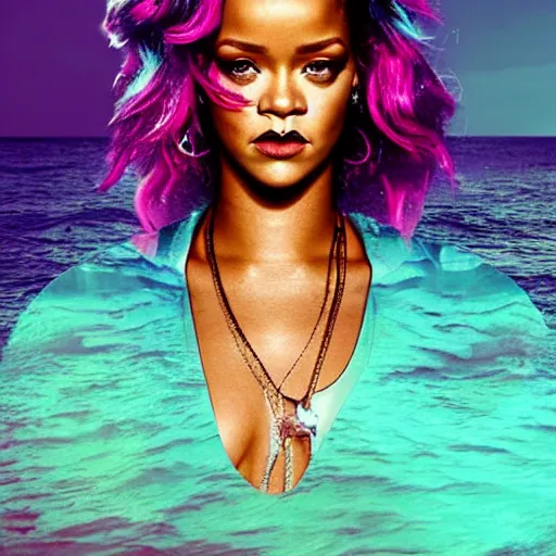 Image similar to rihanna in the ocean, seapunk, creative photo manipulation, creative photoshop, digital art