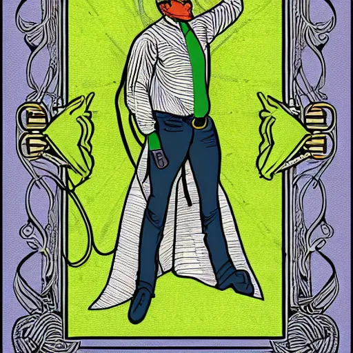 Prompt: tarot card of shirtless Bernie Sanders in a cowboy hat, green background with silver trim, homoerotic, art deco, art nouveau, trending on artstation