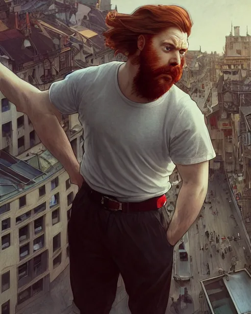 Prompt: wide angle of attractive red - headed bearded man wearing a white t - shirt levitating over the street below, arms spread wide, highly detailed, digital painting, artstation, concept art, smooth, sharp focus, illustration, art by artgerm, greg rutkowski, alphonse mucha, j. c. leyendecker