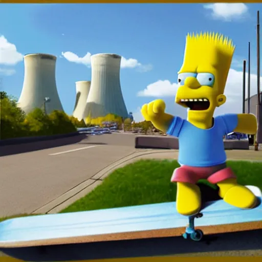 Prompt: 3D realistic action portrait of (Bart Simpson) skateboarding around a neighborhood, sunny day, nosey neighbors, Flanders, ice cream donuts nuclear power plant in the distance