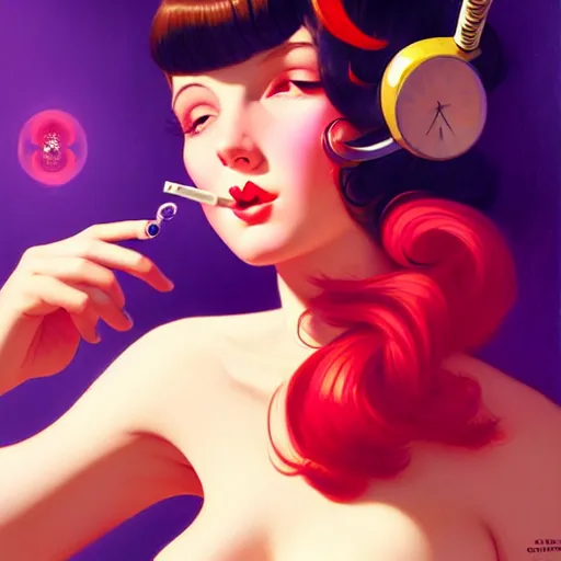 Prompt: a cute female character smoking a joint, psychedelic art,, by greg rutkowski, gil elvgren, earl moran, enoch bolles, glossy skin, pearlescent, anime, maxim magazine, morandi color scheme, art station, by ilya kuvshinov h 6 4 0