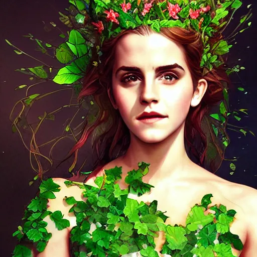 Prompt: portrait of emma watson as titania, summer queen. faerie queen. queen of light, green, poison ivy, made by caravaggio stanley artgerm lau wlop rossdraws artstation cgsociety concept art octane render